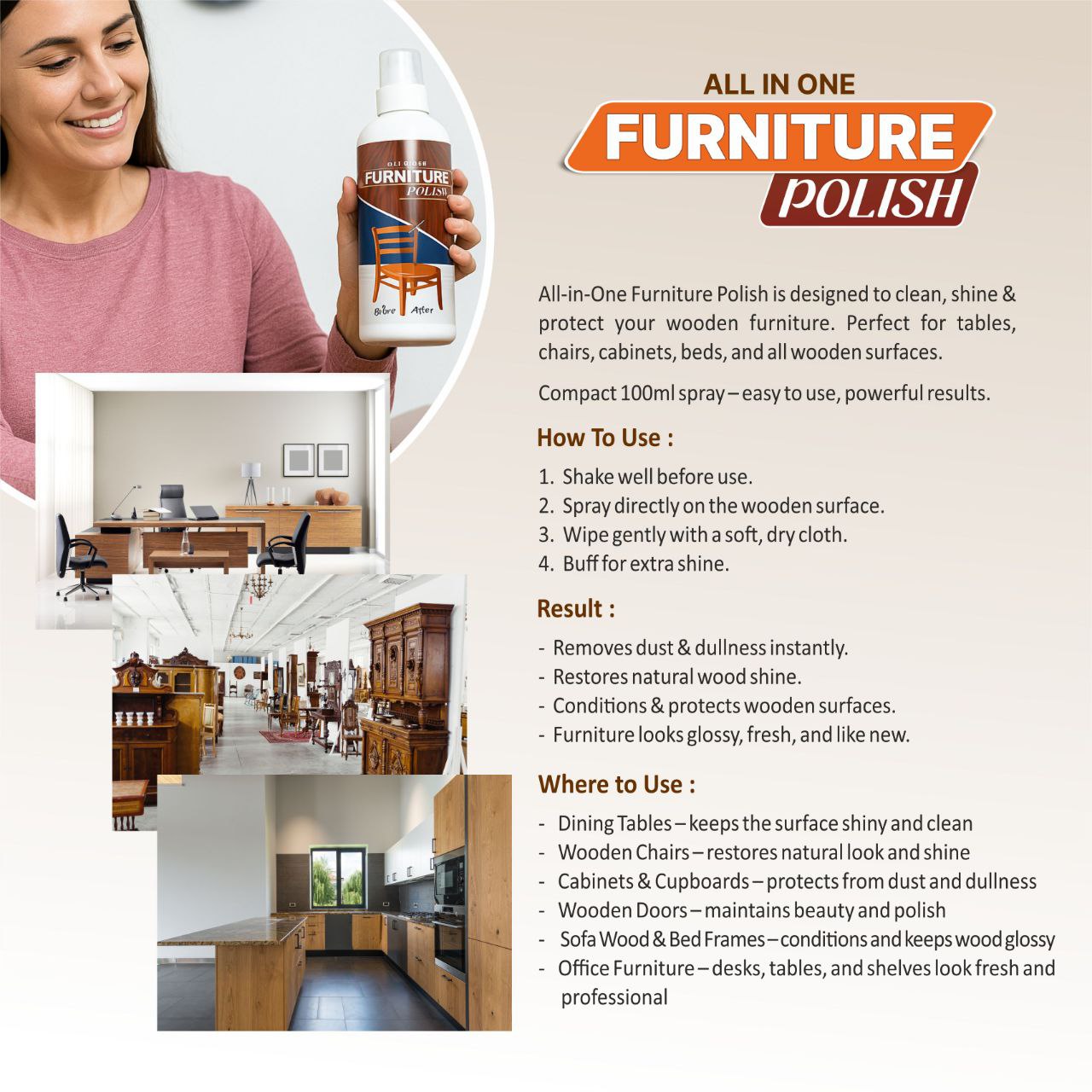 All In One Furniture Polish & Cleaner Spray (Pack of 3)